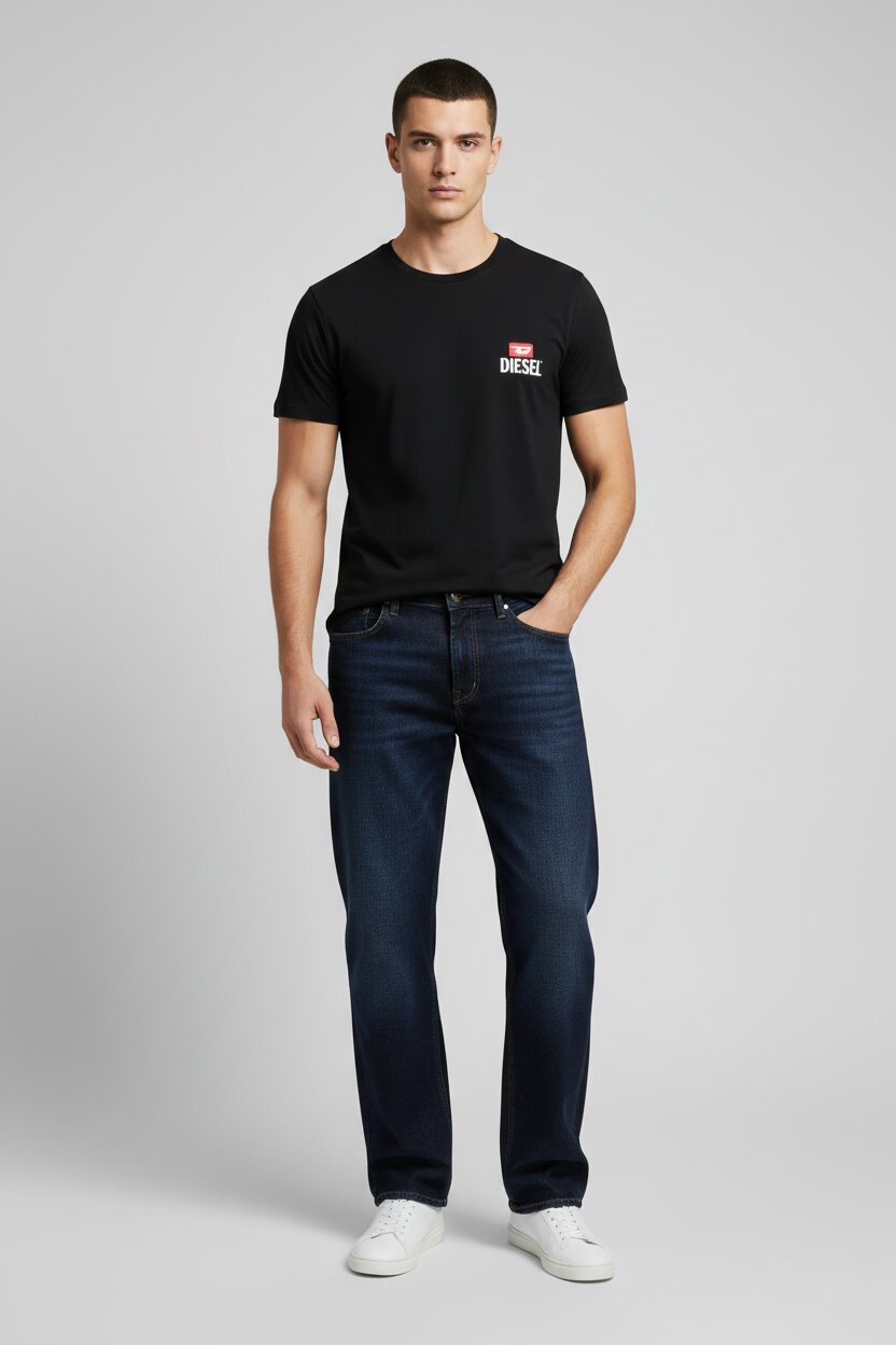 Man wearing a black t-shirt and dark jeans on a gray background