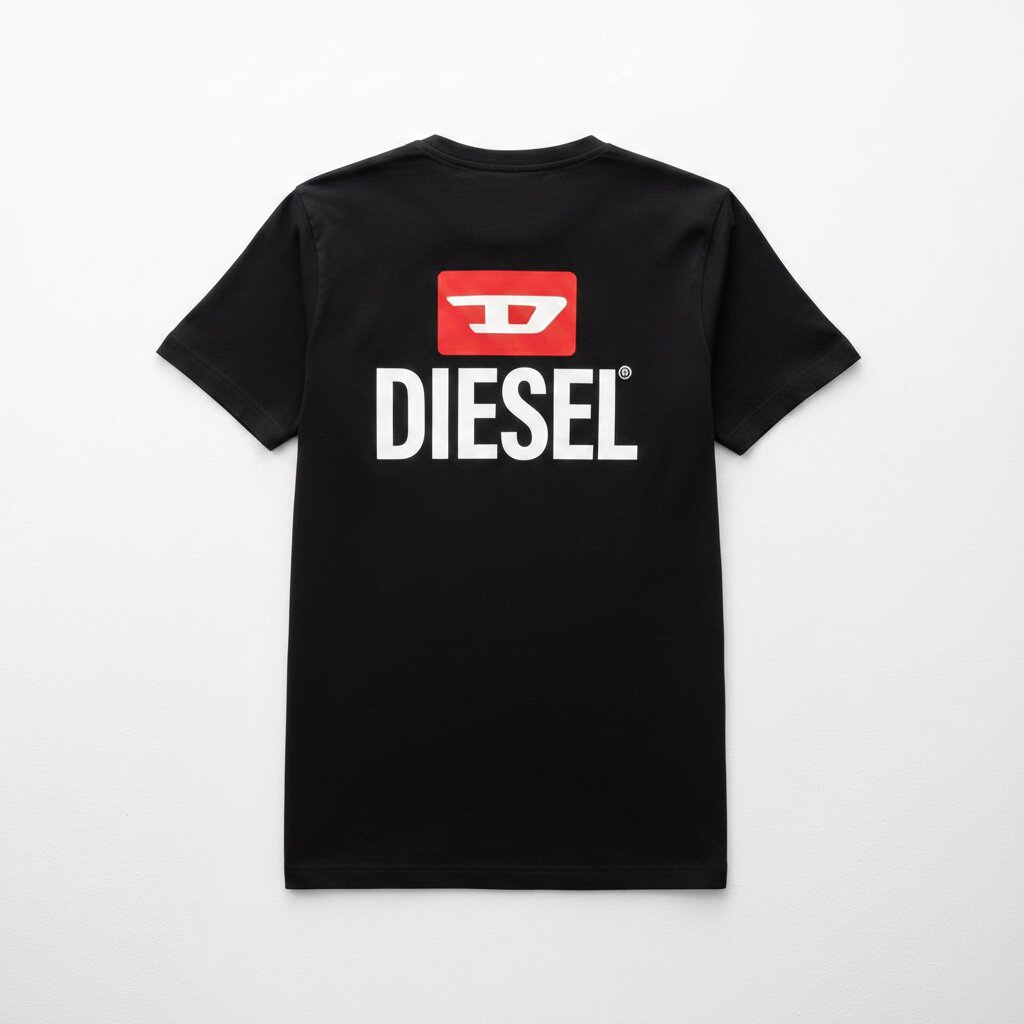 Black t-shirt with Diesel logo on a white background