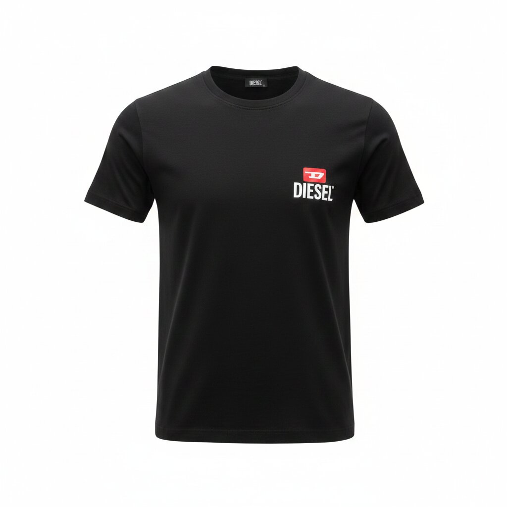Black t-shirt with Diesel logo on a white background