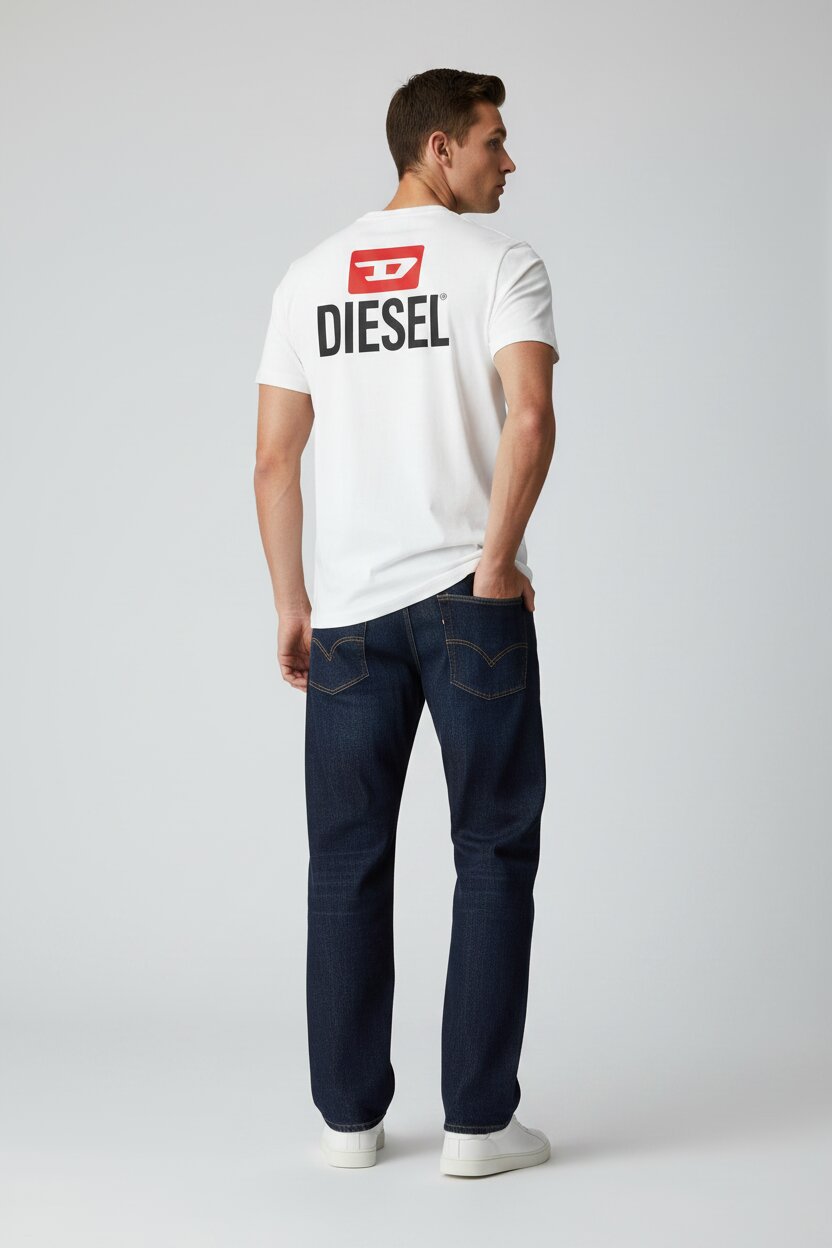 Man wearing a white Diesel t-shirt and dark jeans on a light gray background