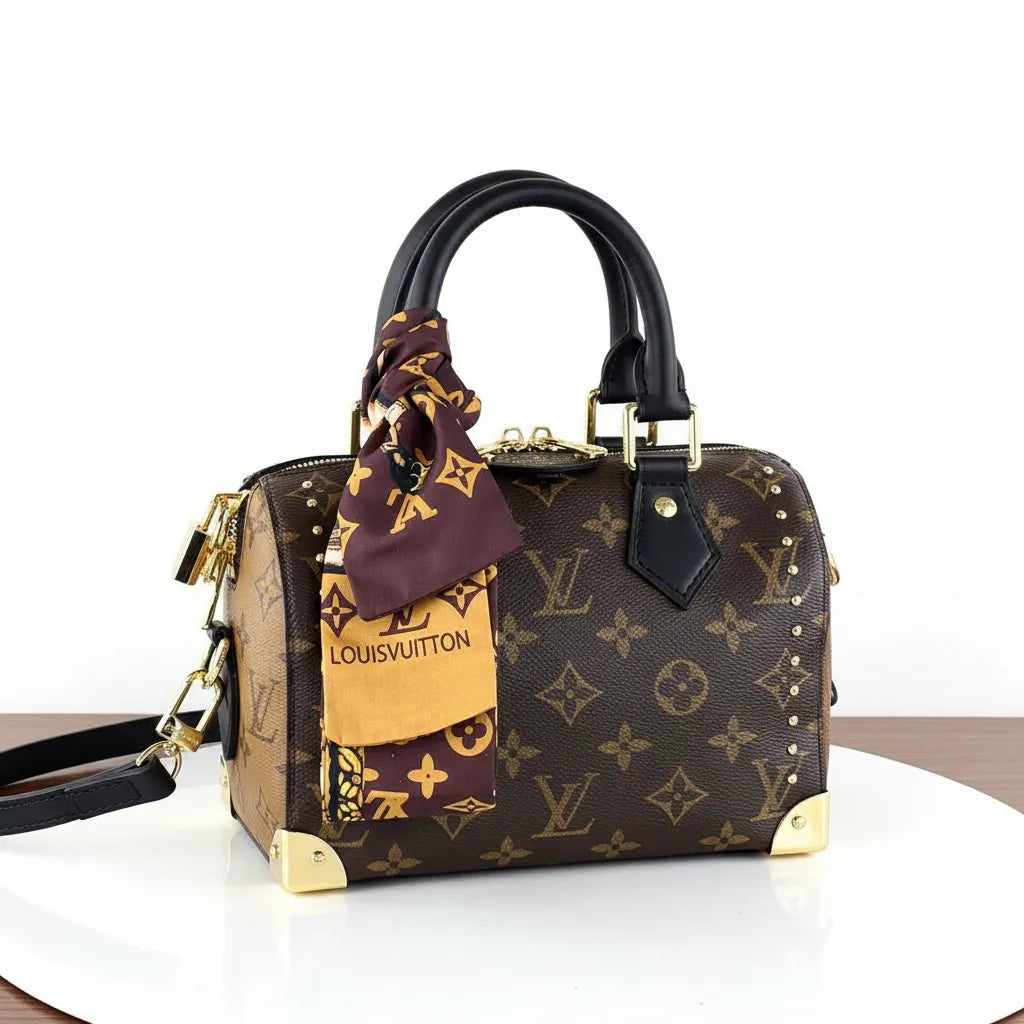 Louis Vuitton handbag with a decorative ribbon on a white background