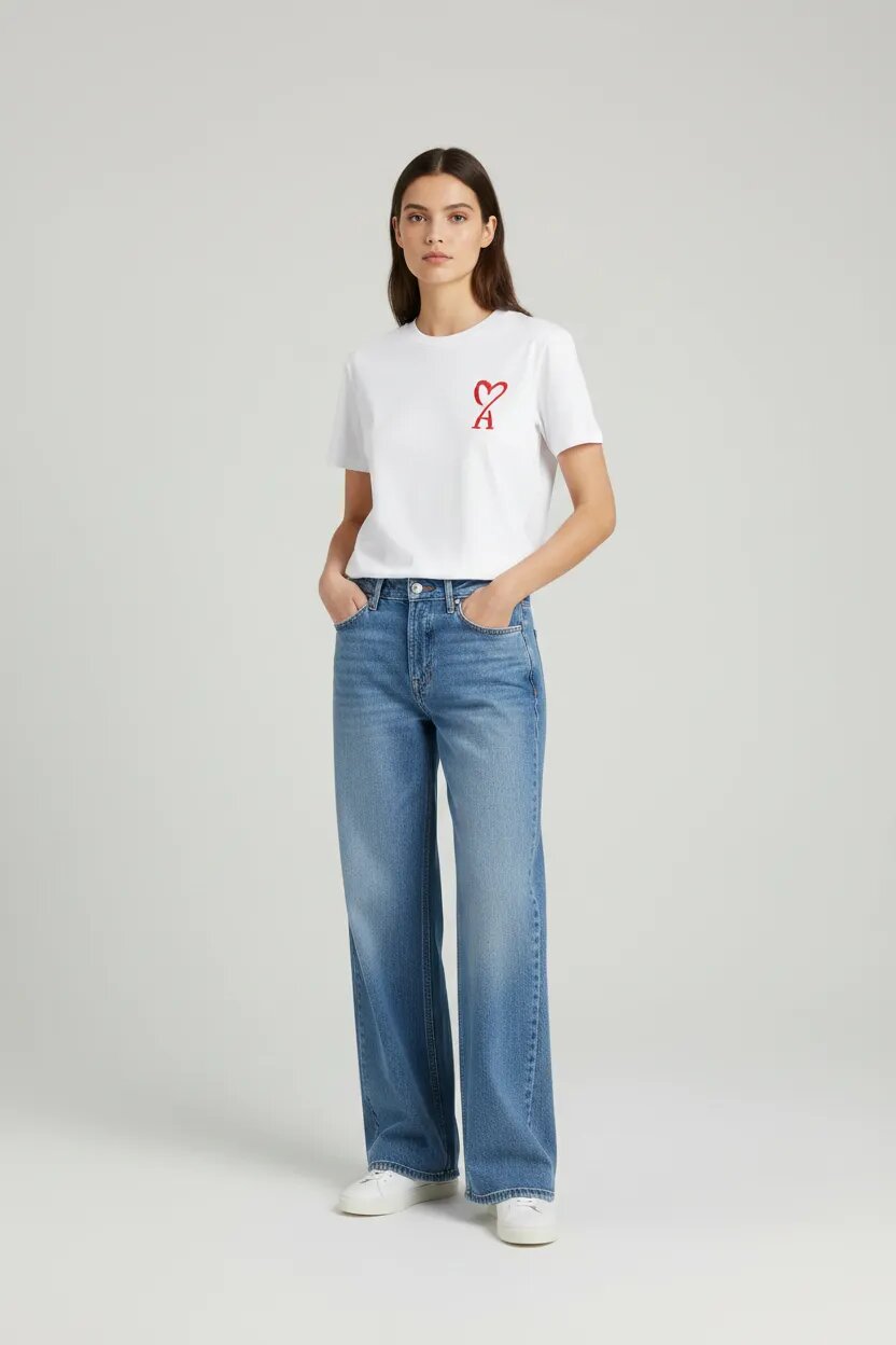 Woman wearing a white t-shirt with a red logo and blue jeans on a light gray background