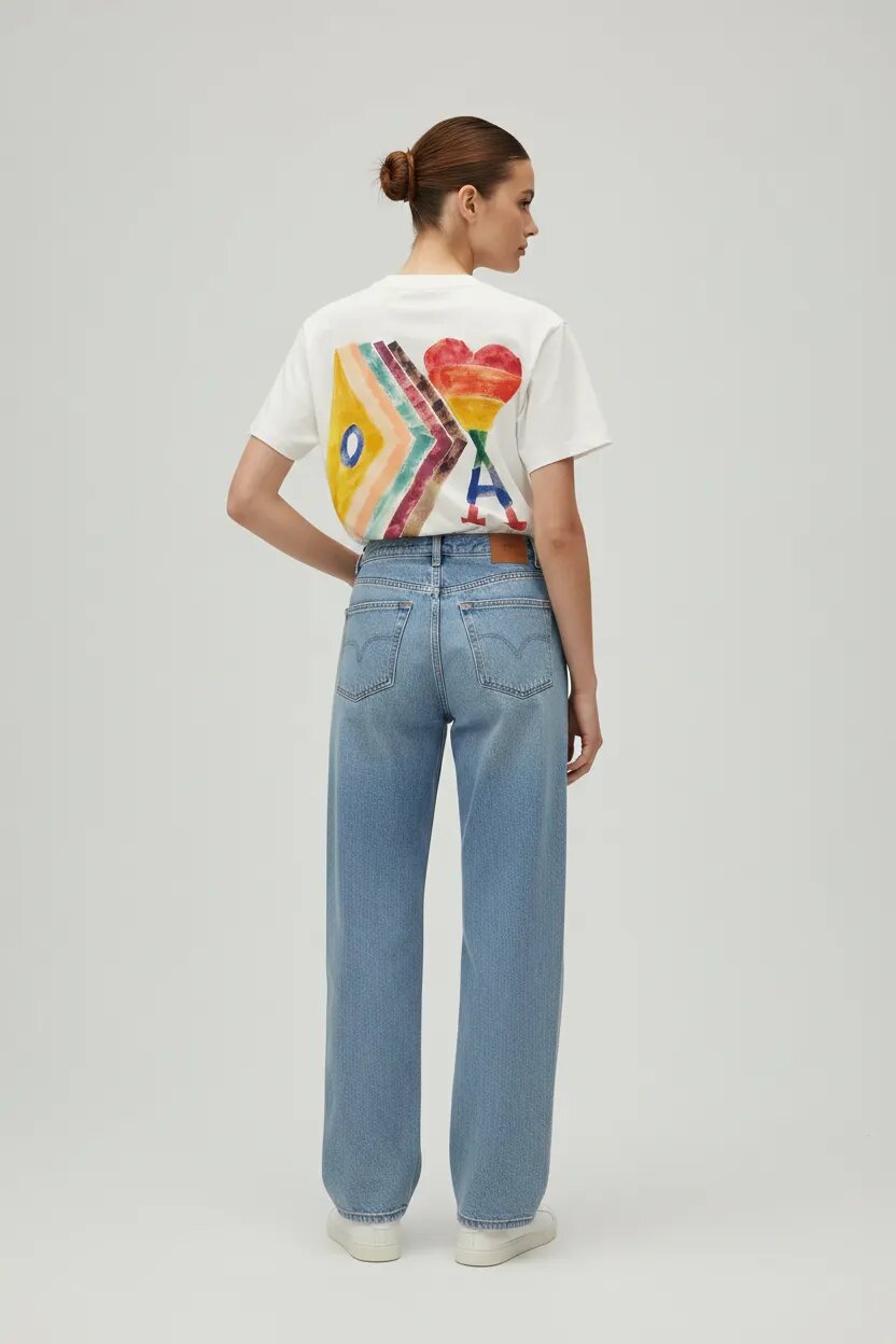 Person wearing a white t-shirt with colorful designs and blue jeans on a light gray background