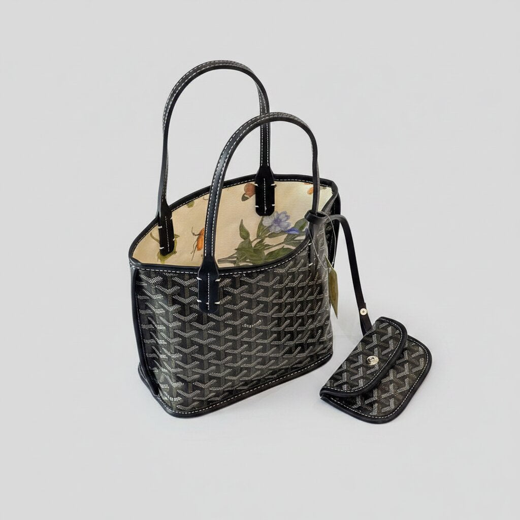 Goyard Double Face Tote Bag in Black Monogram Canvas - Open Interior View - Light Gray Background