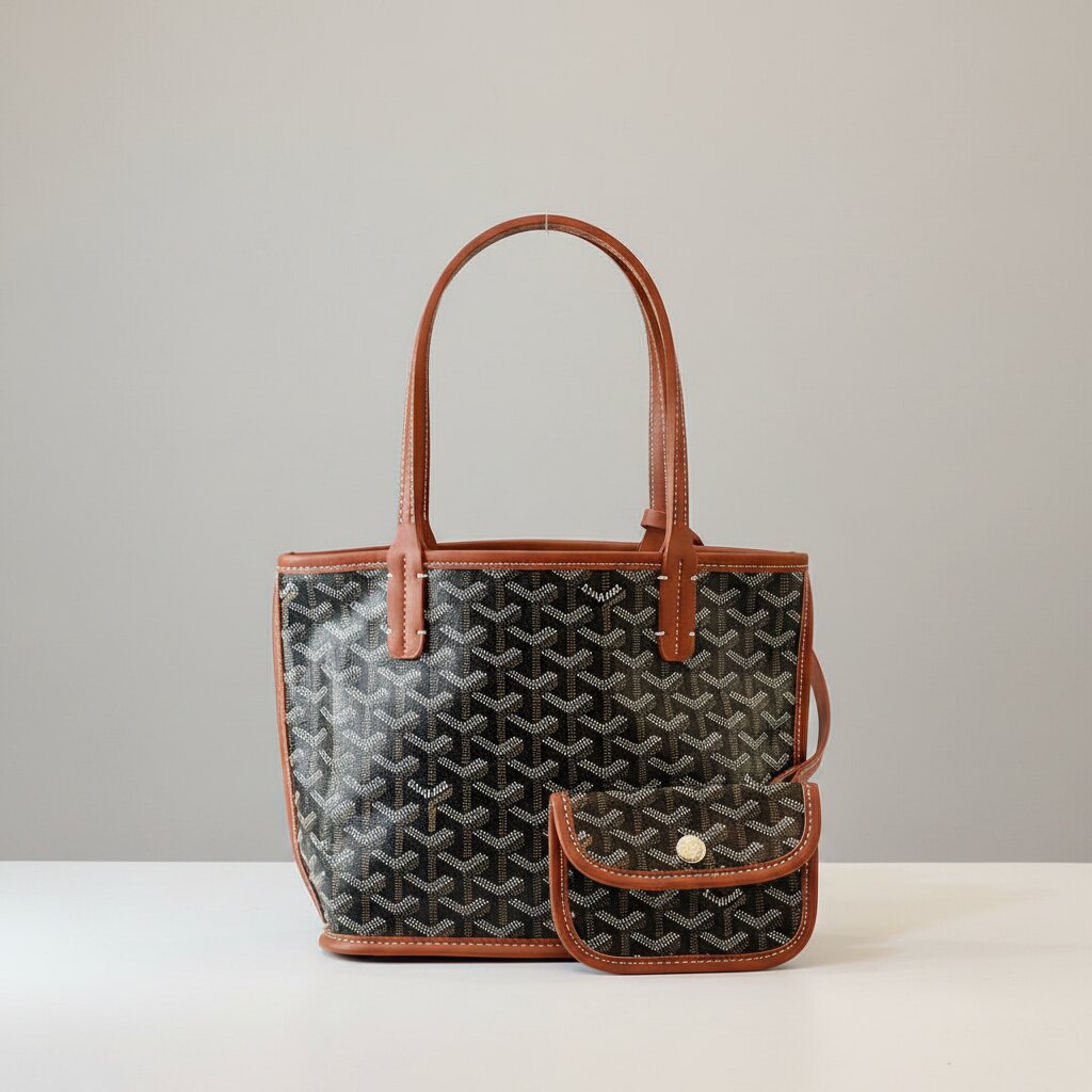 Goyard Double Face Tote Bag with Mini Pouch in Black with Tan Leather Trim - Light Gray Background - Front View