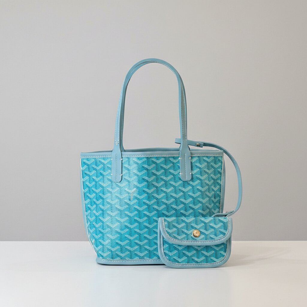 Goyard Double Face Tote Bag with Mini Pouch in Baby Blue Monogram Canvas - Light Gray Background - Front View