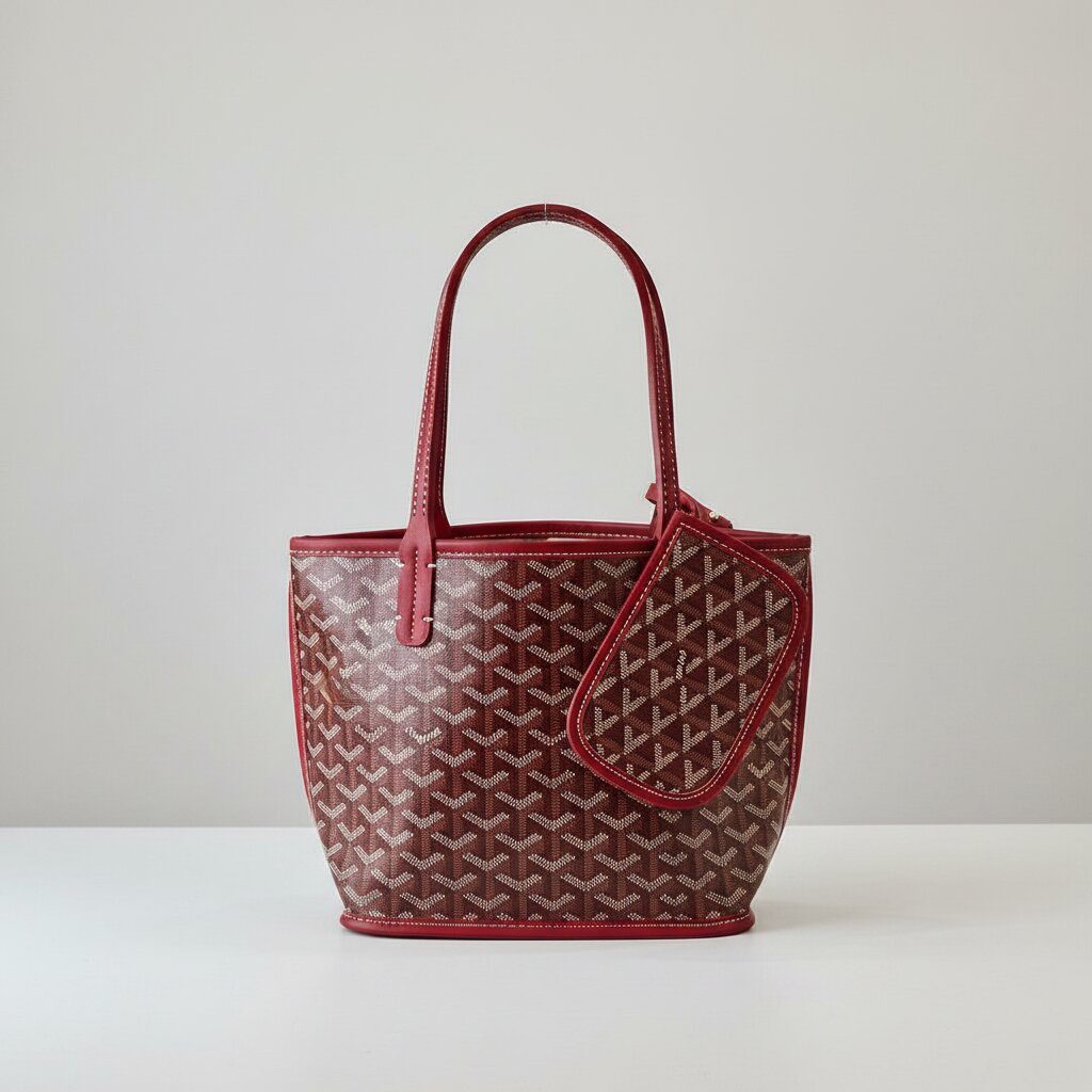 Goyard Double Face Tote Bag with Mini Pouch in Burgundy Monogram Canvas - Light Gray Background - Front View