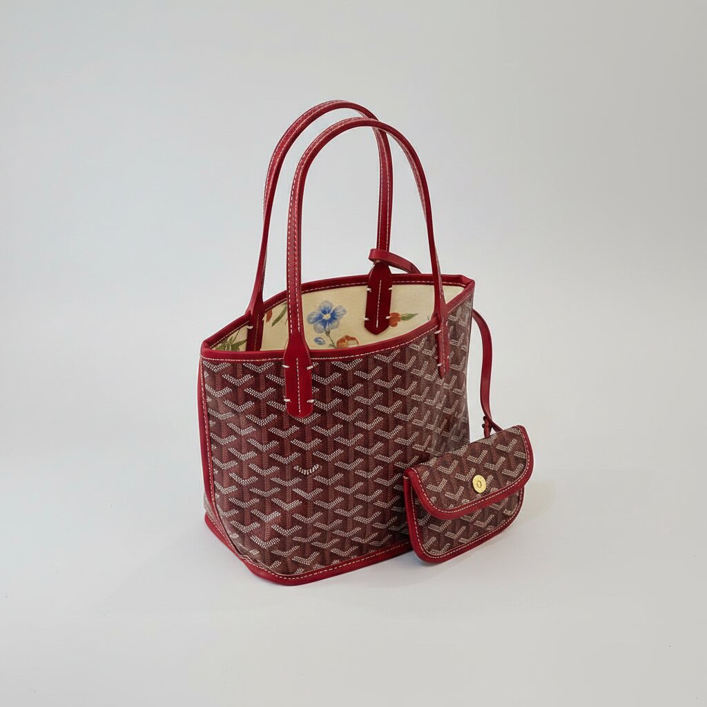 Goyard Double Face Tote Bag in Burgundy Monogram Canvas - Open Interior View - Light Gray Background