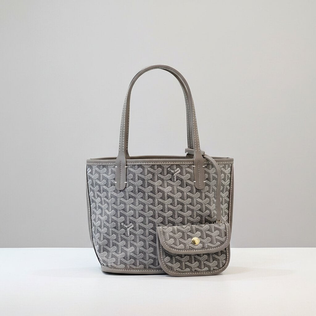Goyard Double Face Tote Bag with Mini Pouch in Taupe Gray Monogram Canvas - Light Gray Background - Front View