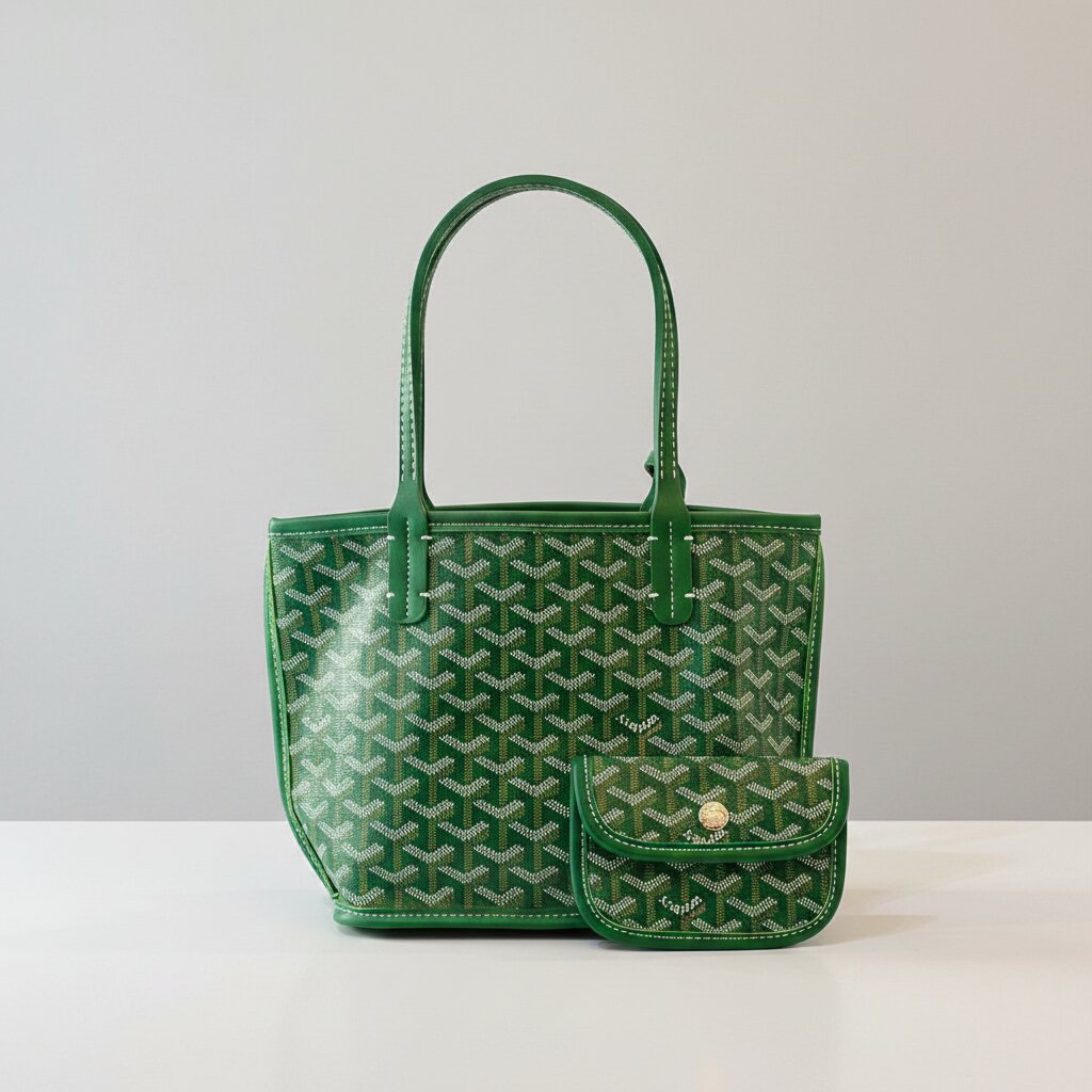 Goyard Double Face Tote Bag with Mini Pouch in Grass Green Monogram Canvas - Light Gray Background - Front View