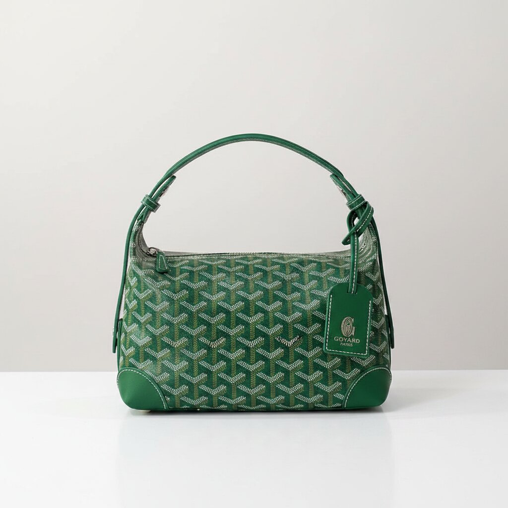 Goyard Hobo Bag in Forest Green Chevron Monogram Canvas with Green Leather Handle - Light Gray Background - Front View