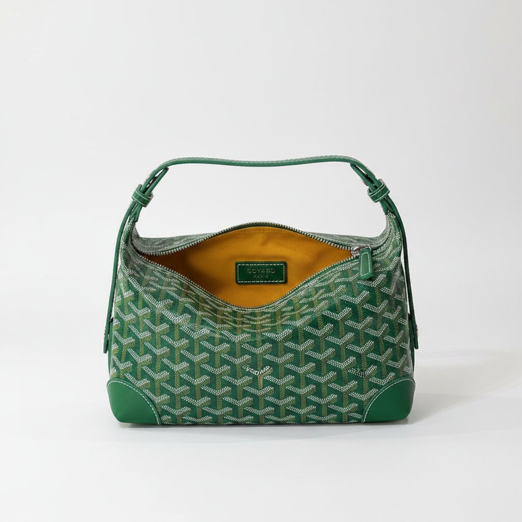 Goyard Hobo Bag in Forest Green with Detachable Green Leather Wrist Strap - Light Gray Background - Front View