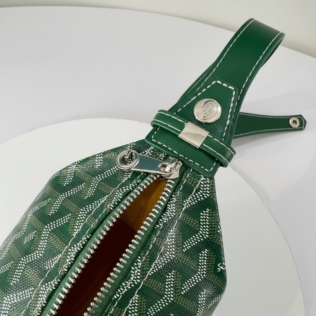 Goyard Hobo Bag in Forest Green with Detachable Green Leather Wrist Strap - Light Gray Background - Front View