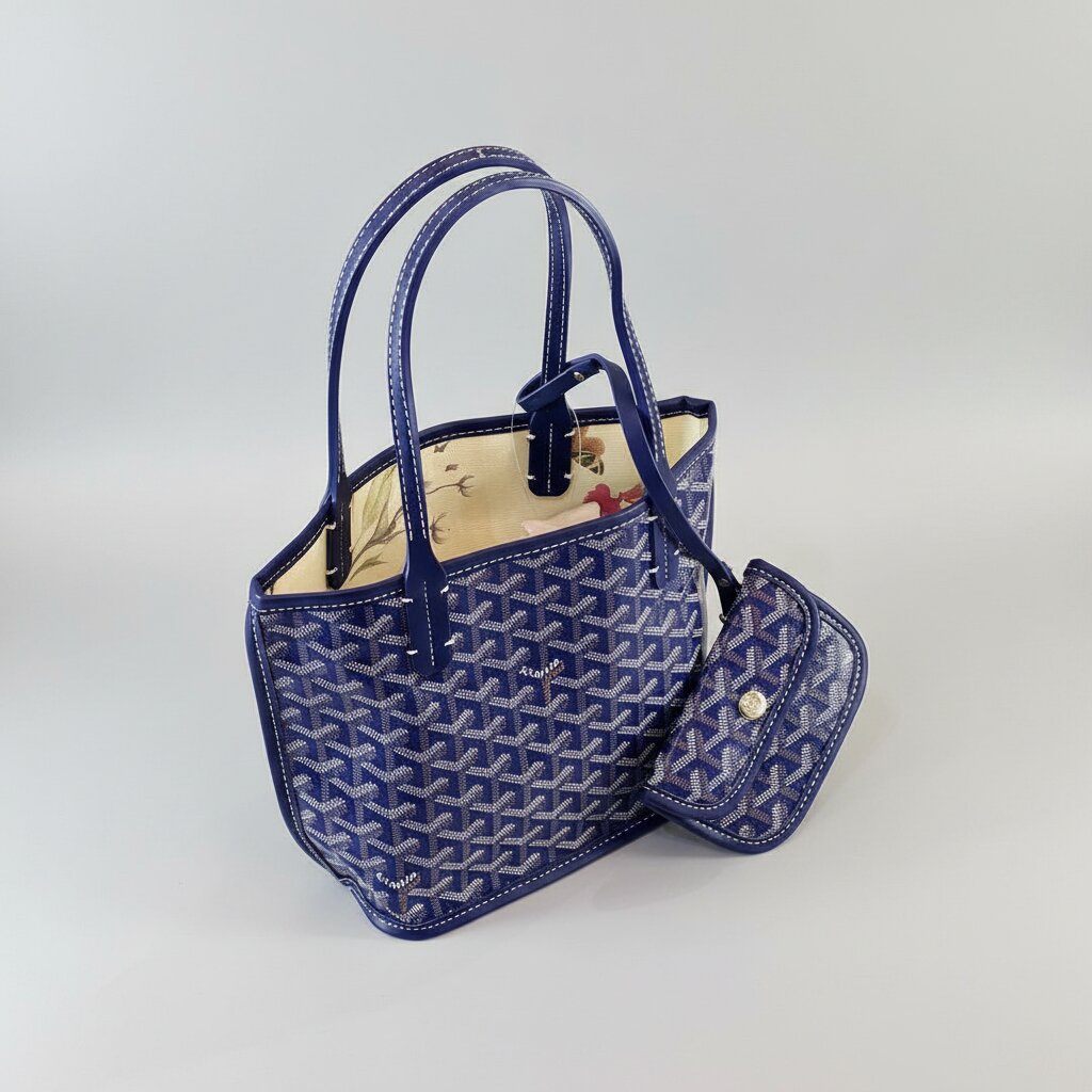 Goyard Double Face Tote Bag in Navy Blue Monogram Canvas - Open Interior View - Light Gray Background
