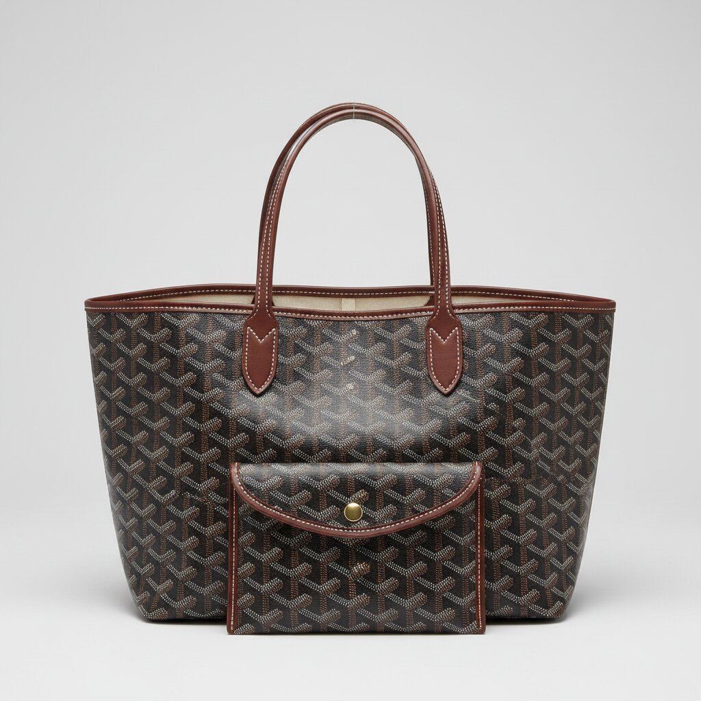 Goyard Saint Louis Tote Bag with Mini Pouch in Dark Brown Black Monogram Canvas - Light Gray Background - Front View