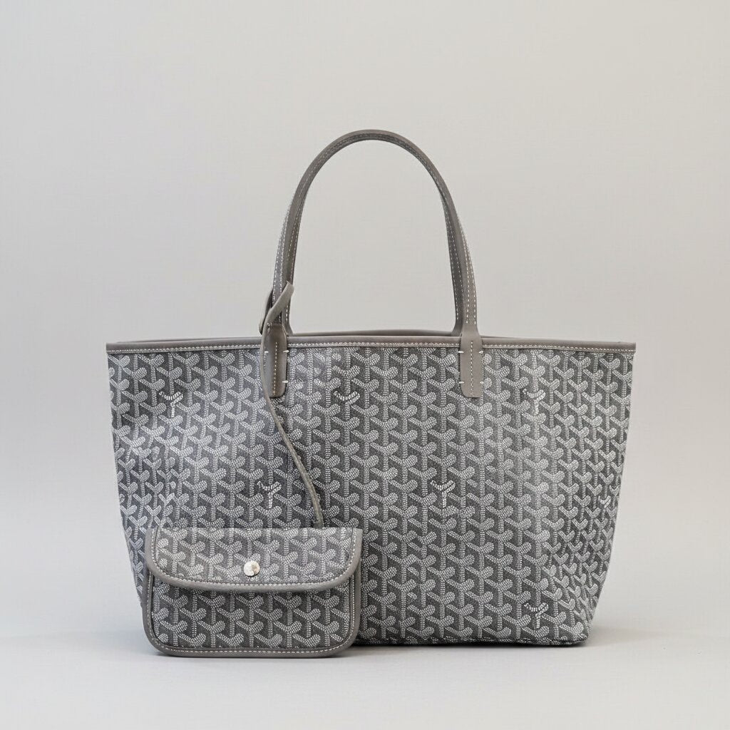 Goyard Saint Louis Tote Bag with Mini Pouch in Gray Monogram Canvas - Light Gray Background - Front View