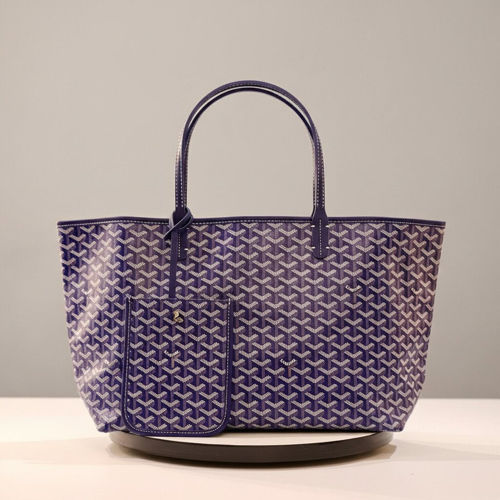 Goyard Saint Louis Tote Bag with Mini Pouch in Navy Blue Monogram Canvas - Light Gray Background - Front View