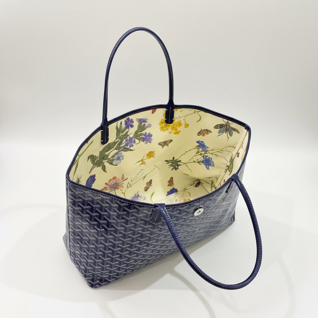 Goyard Saint Louis Tote Bag in Navy Blue - Open Interior Showing Botanical Floral Lining with Purple Flowers - Light Gray Background