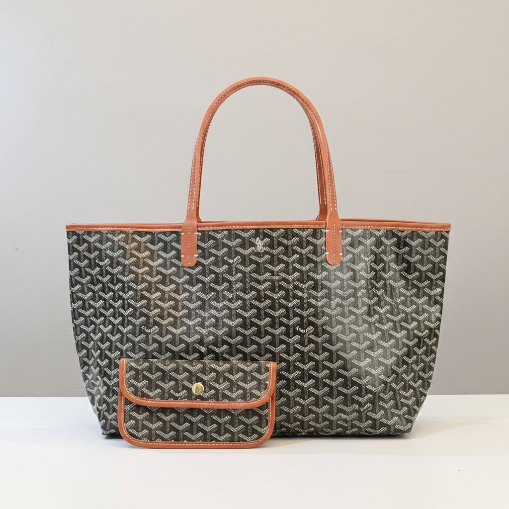 Goyard Saint Louis Tote Bag with Mini Pouch in Olive Black with Tan Leather Trim - Light Gray Background - Front View
