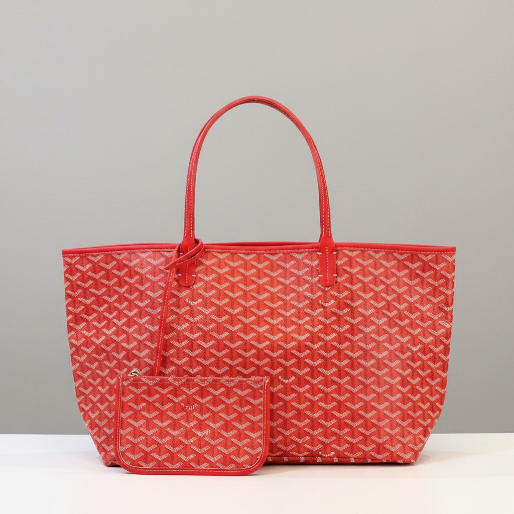 Goyard Saint Louis Tote Bag with Mini Pouch in Red Monogram Canvas - Light Gray Background - Front View