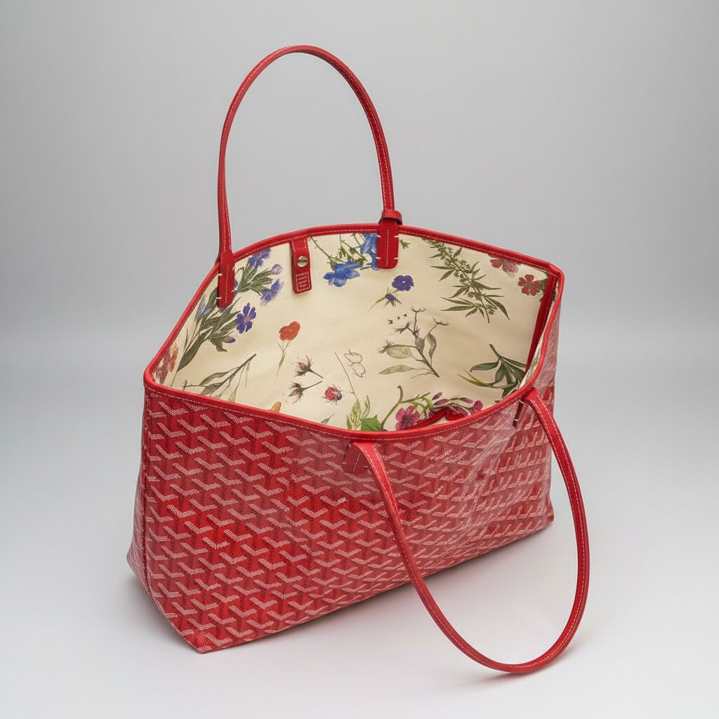 Goyard Saint Louis Tote Bag in Red - Open Interior Showing Botanical Floral Lining with Butterflies - Light Gray Background