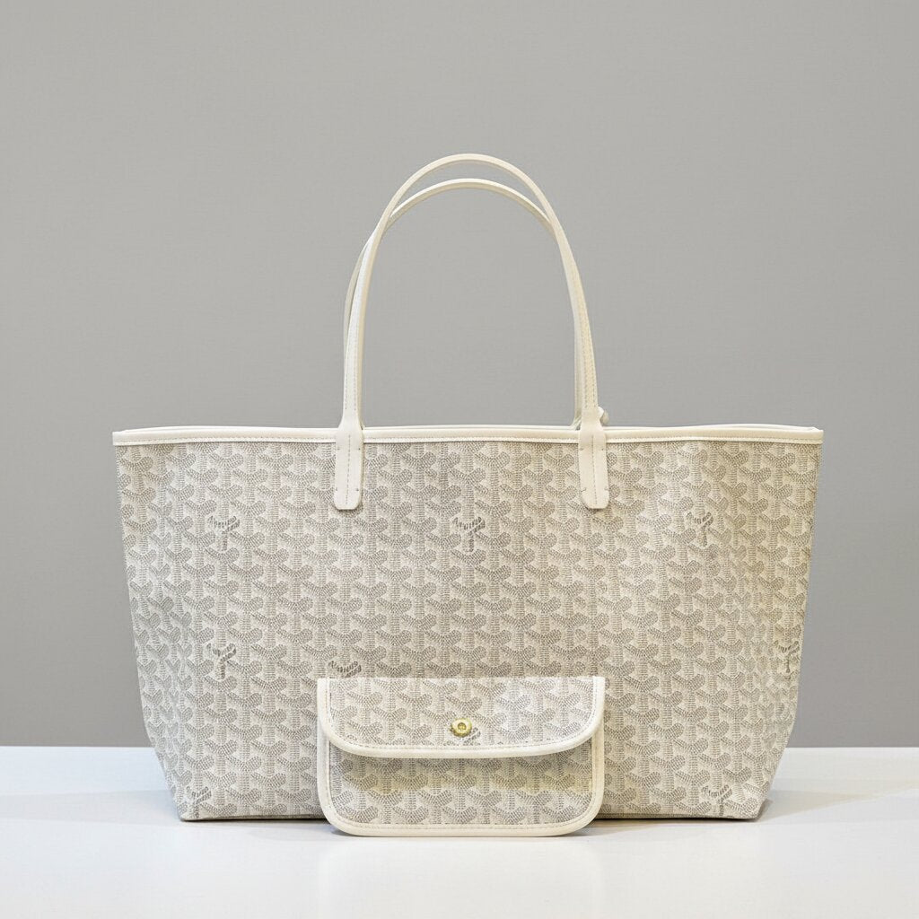 Goyard Saint Louis Tote Bag with Mini Pouch in White Cream Monogram Canvas - Light Gray Background - Front View