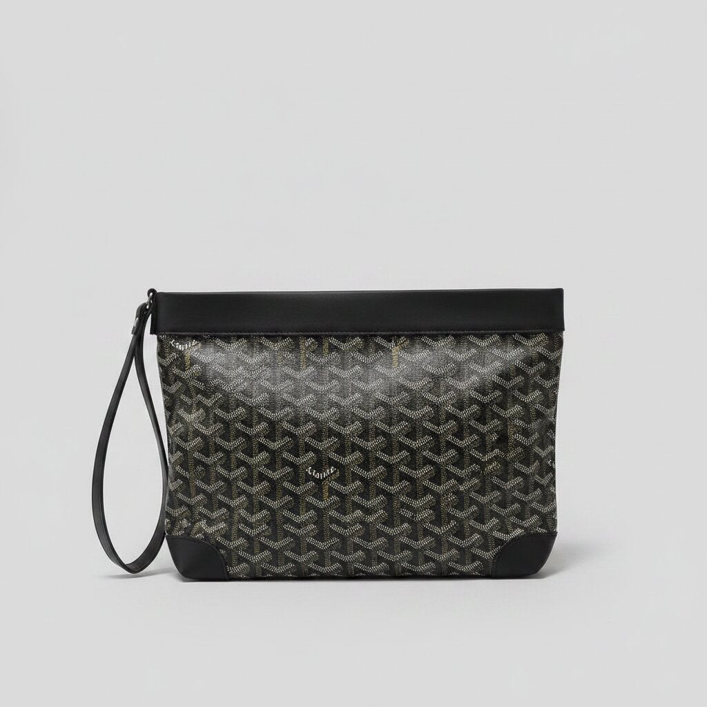 Goyard Senat Clutch Wristlet Bag in Black Monogram Canvas - Front Upright View with Wrist Strap - Light Gray Background