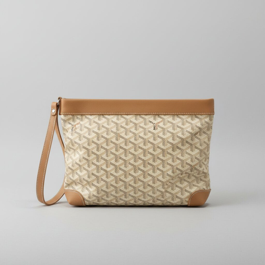 Goyard Senat Clutch Wristlet Bag in Cream Beige Monogram Canvas with Tan Leather Trim - Front View - Light Gray Background