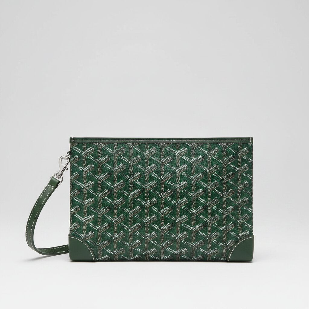 Goyard Senat Clutch Wristlet Bag in Forest Green Monogram Canvas - Front Full View with Wrist Strap - Light Gray Background