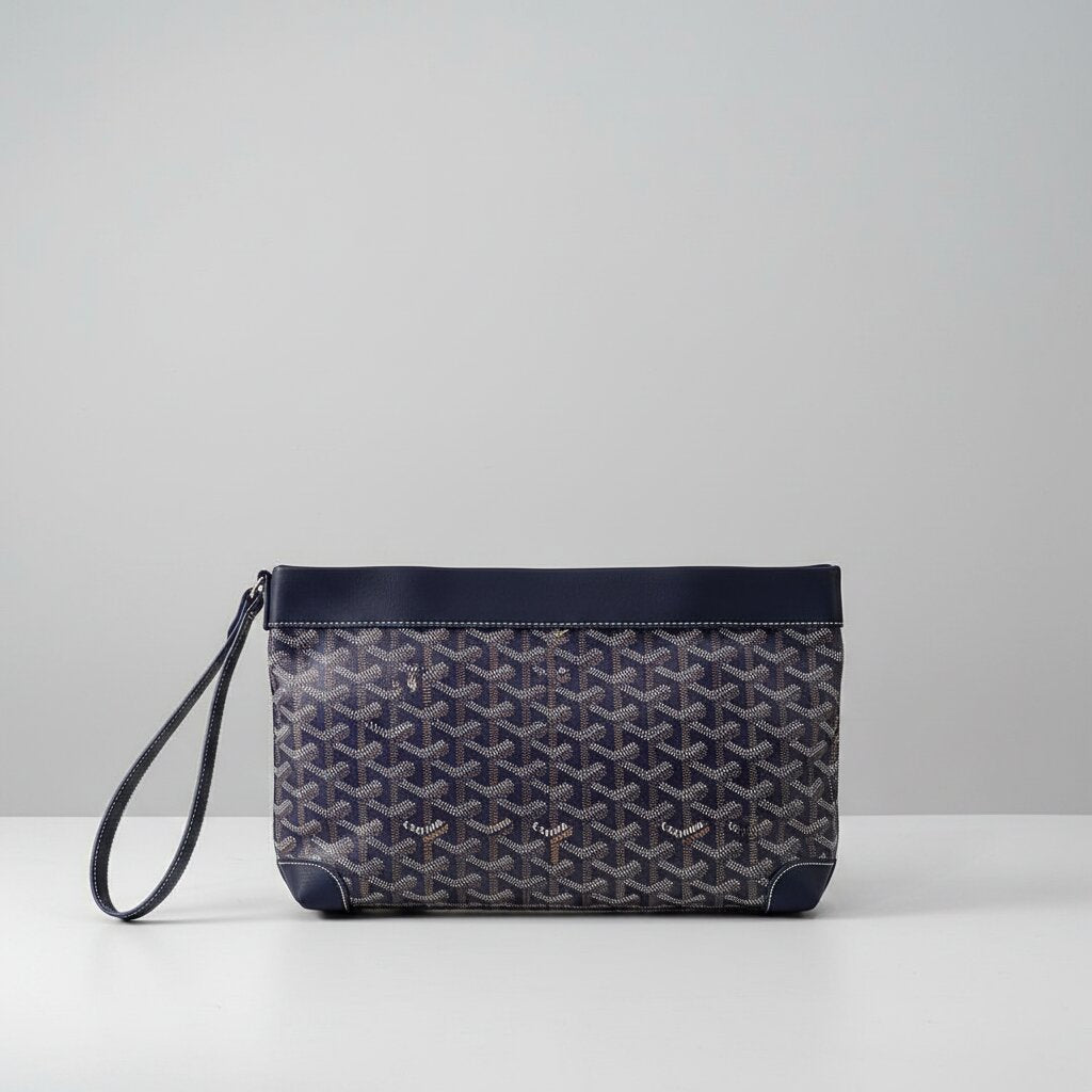 Goyard Senat Clutch Wristlet Bag in Navy Blue Monogram Canvas - Back Flat Lay View - Light Gray Background