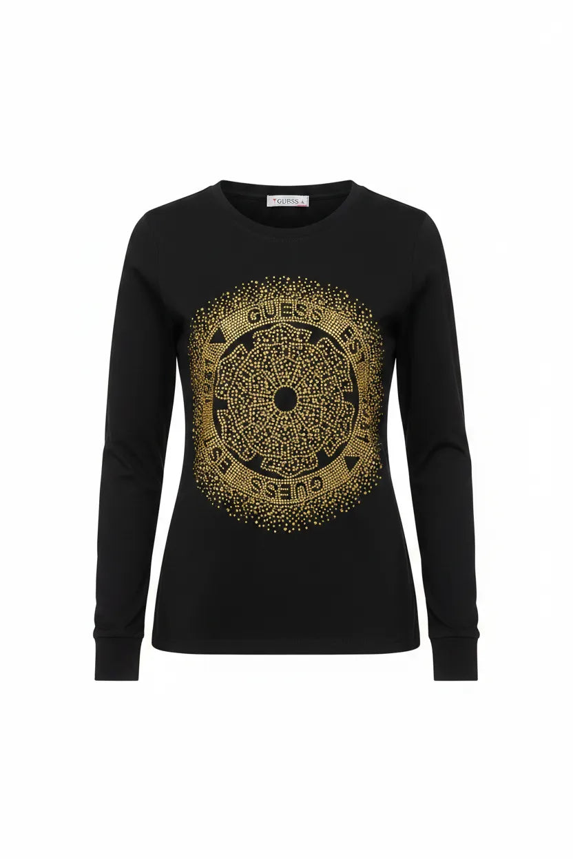 Guess Black Gold Rhinestone Medallion Long Sleeve T-shirt