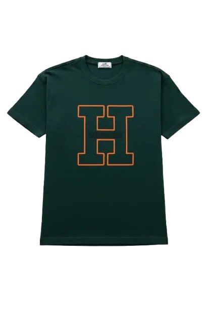 Green t-shirt with a large orange 'H' on a white background
