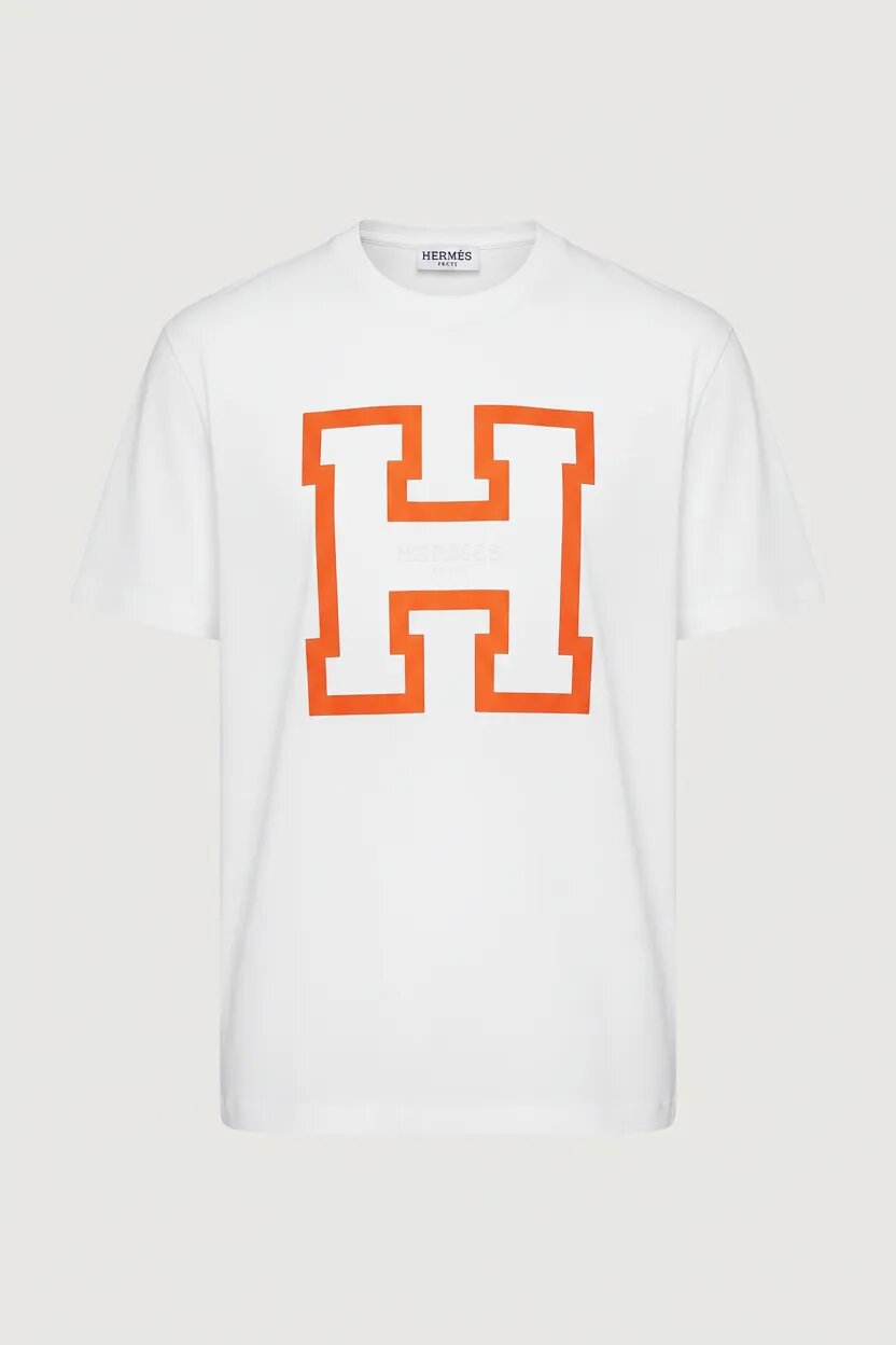 whait  t-shirt with a large orange 'H' on a white background