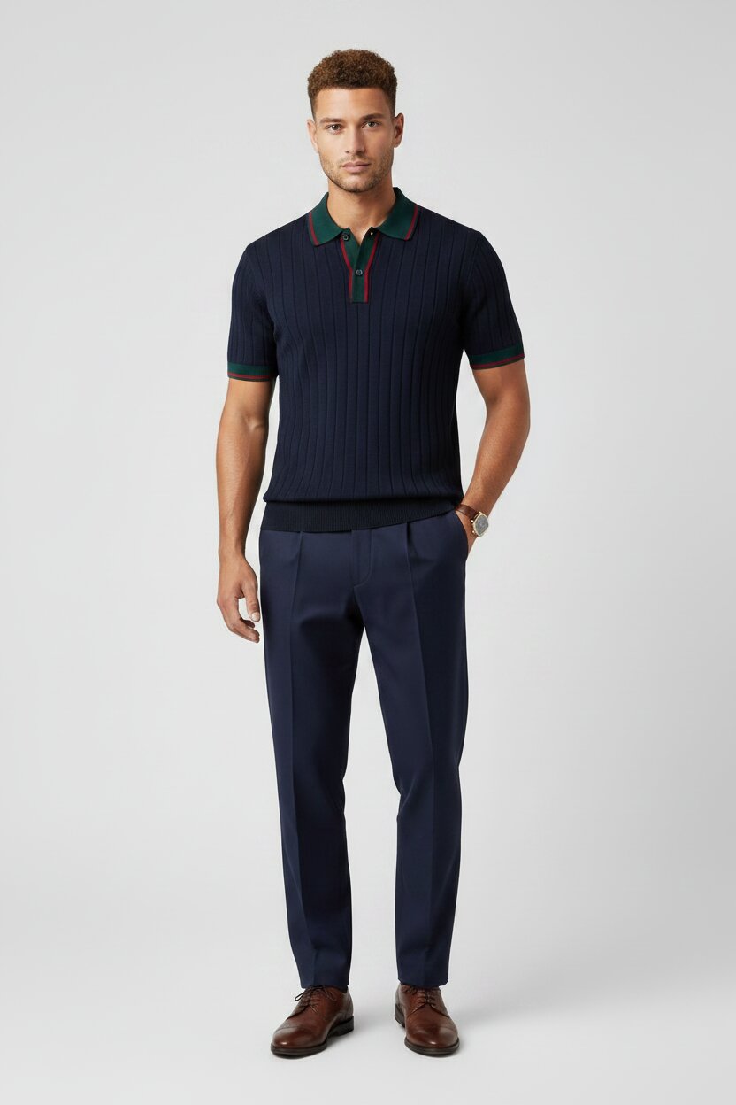 Hermes Luxury Knit Polo Shirt in Navy Blue Styled with Matching Navy Tailored Trousers - Male Model Full Body Shot - Light Gray Studio Background