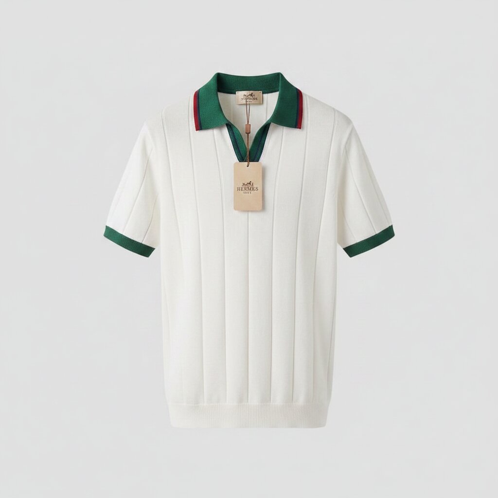Hermes Luxury Knit Polo Shirt in White with Green Collar and Red Stripe Accent - Ghost Mannequin Effect - Light Gray Background - Front View