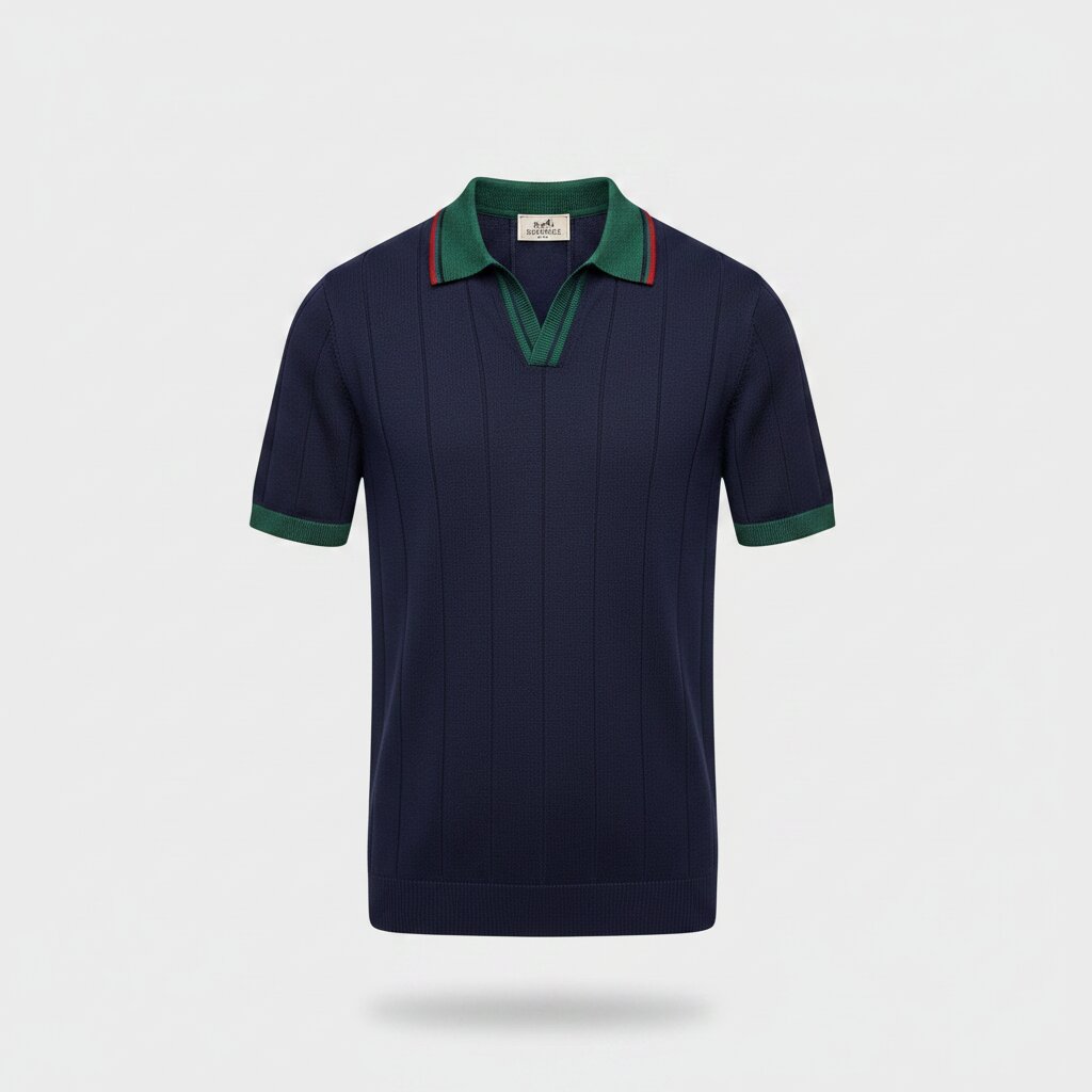 Hermes Luxury Knit Polo Shirt in Navy Blue with Green Collar and Red Stripe Accent - Ghost Mannequin Effect - Light Gray Background - Front View