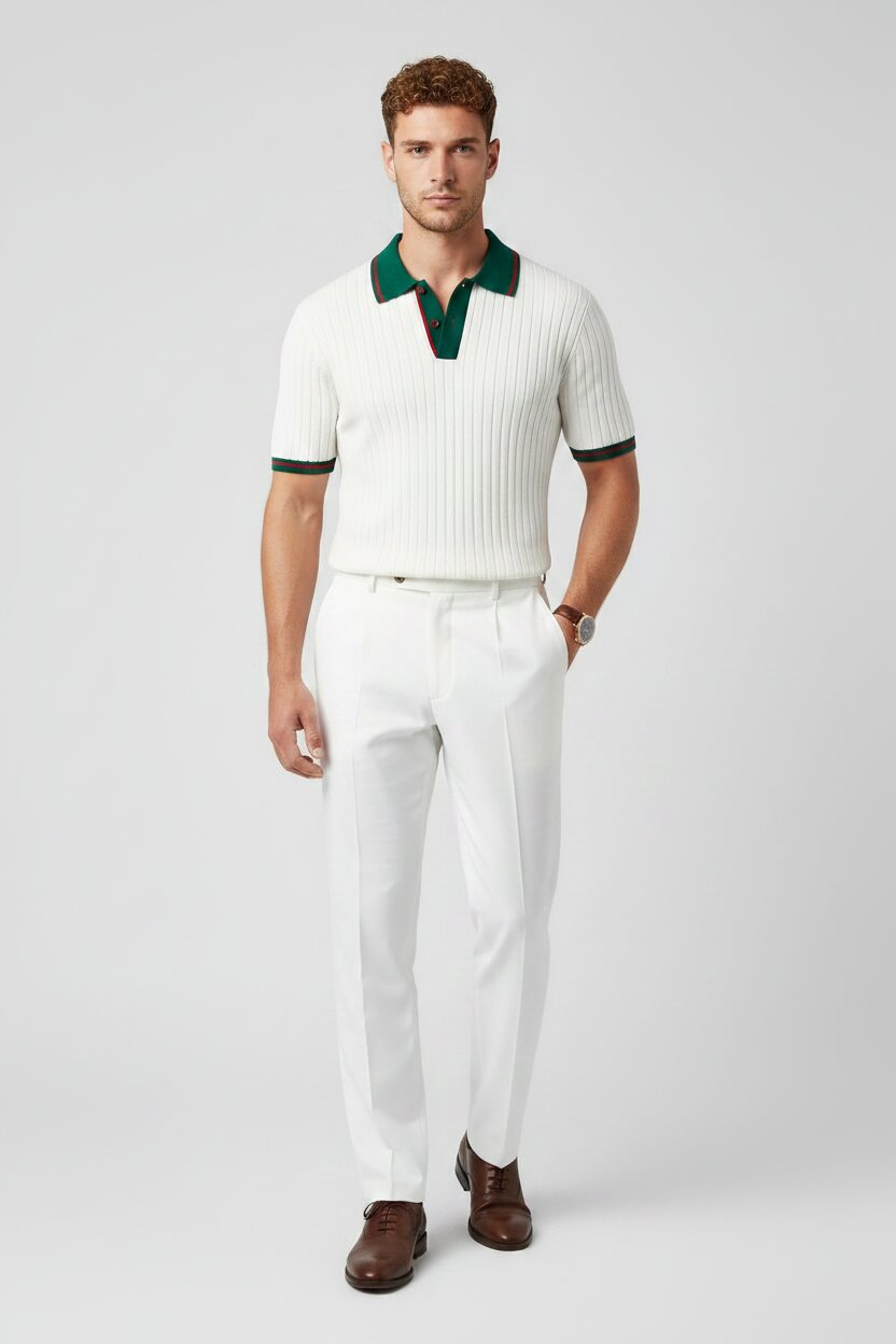 Hermes Luxury Knit Polo Shirt in White Styled with Matching White Tailored Trousers - Male Model Full Body Shot - Light Gray Studio Background