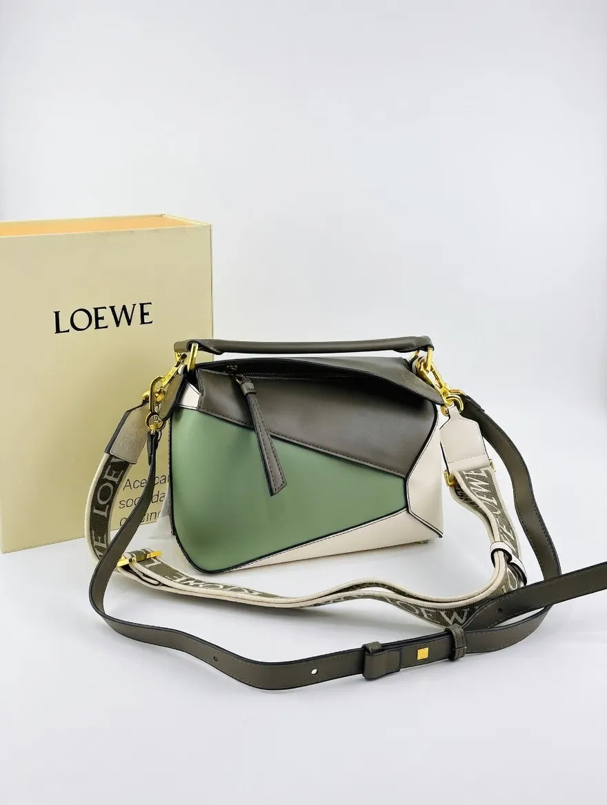 Loewe handbag with a green and brown design on a white background