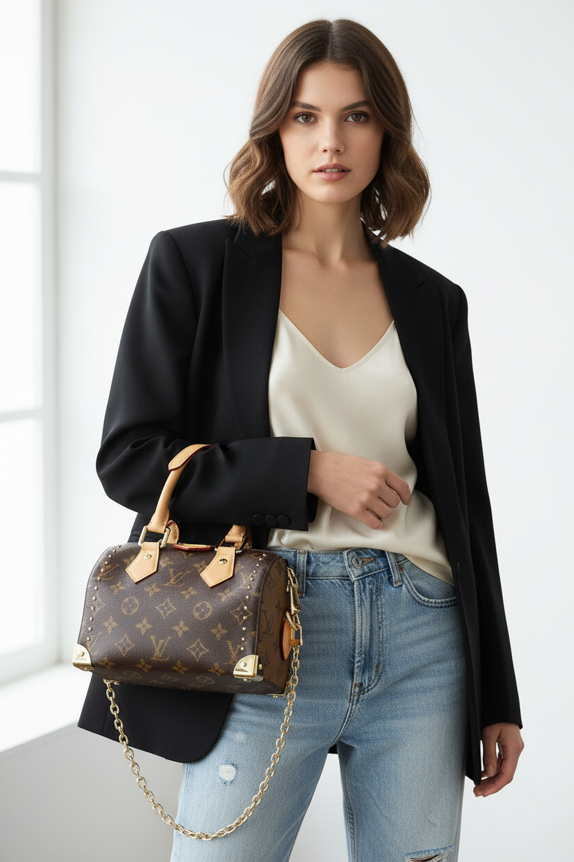 Stylish model wearing jeans carrying luxury monogram studded handbag