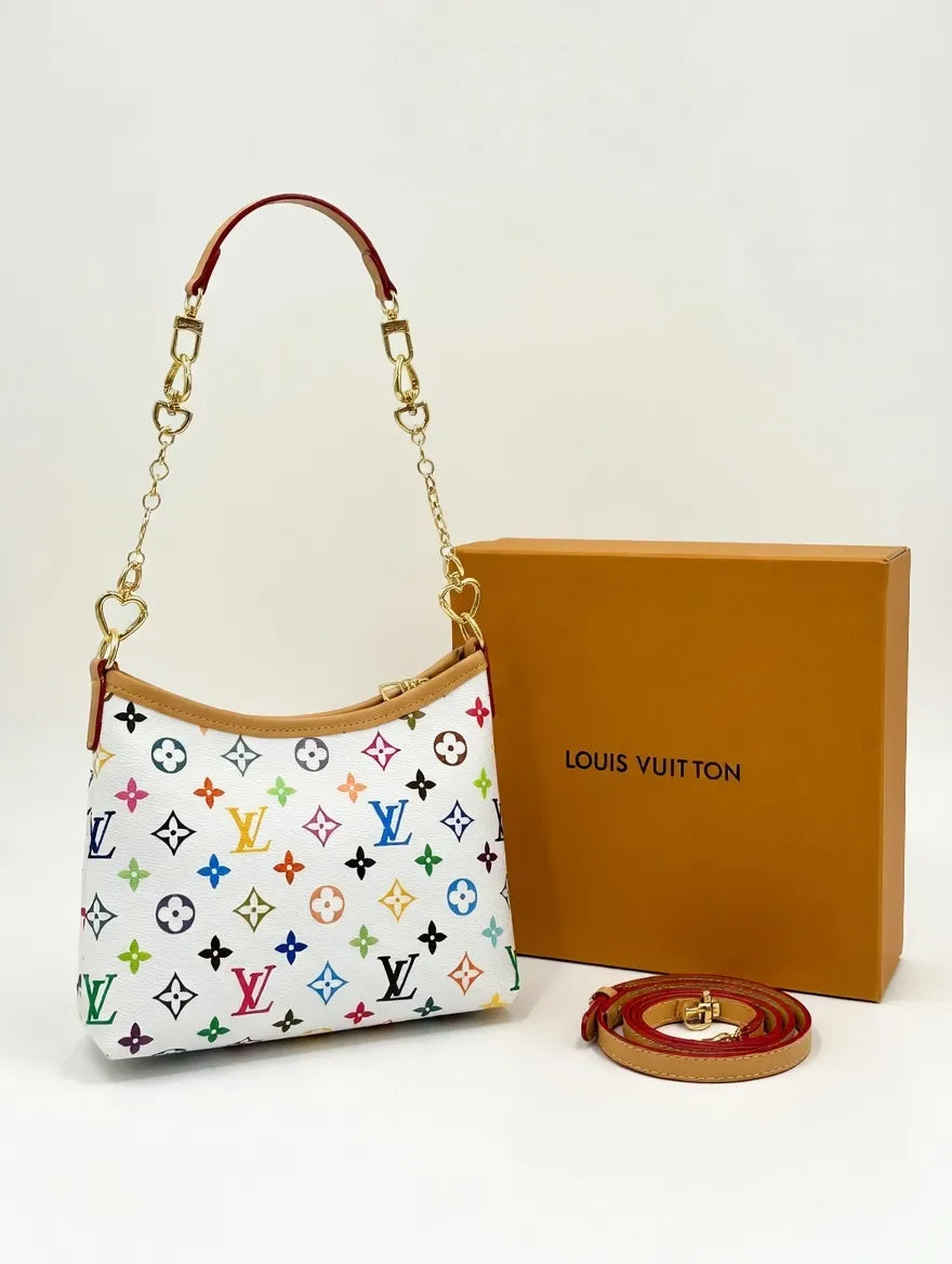 Louis Vuitton handbag with multicolor monogram pattern and matching belt, alongside a brown box on a white background.