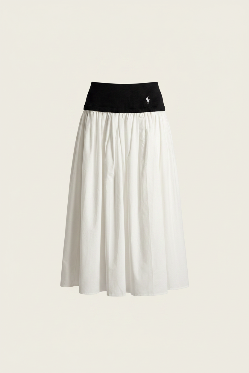 Polo Ralph Lauren Two-Tone Midi Skirt - black ribbed knit waistband with polo pony logo and white pleated skirt on off-white background
