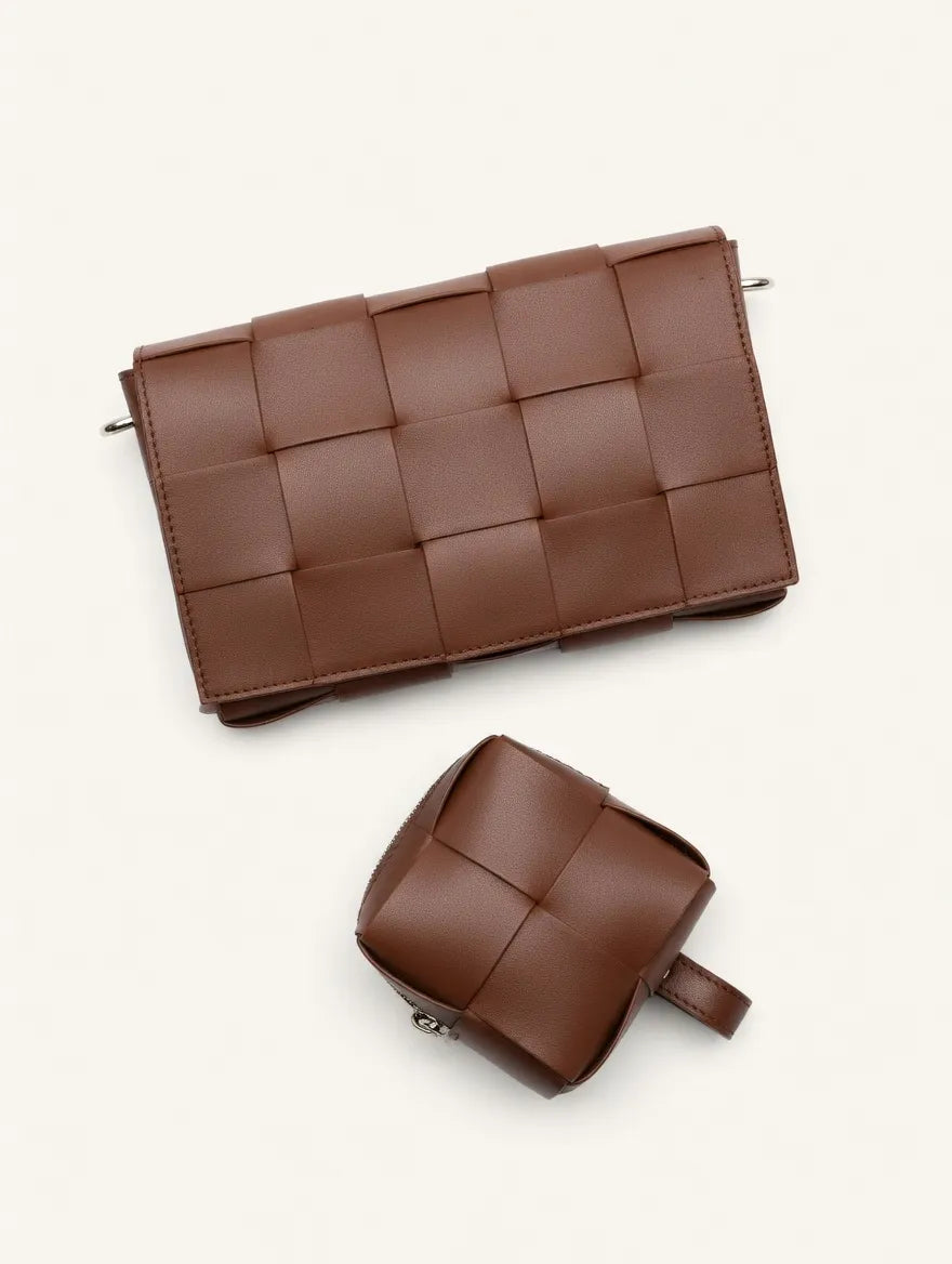 Brown woven clutch bag and small pouch on a white background