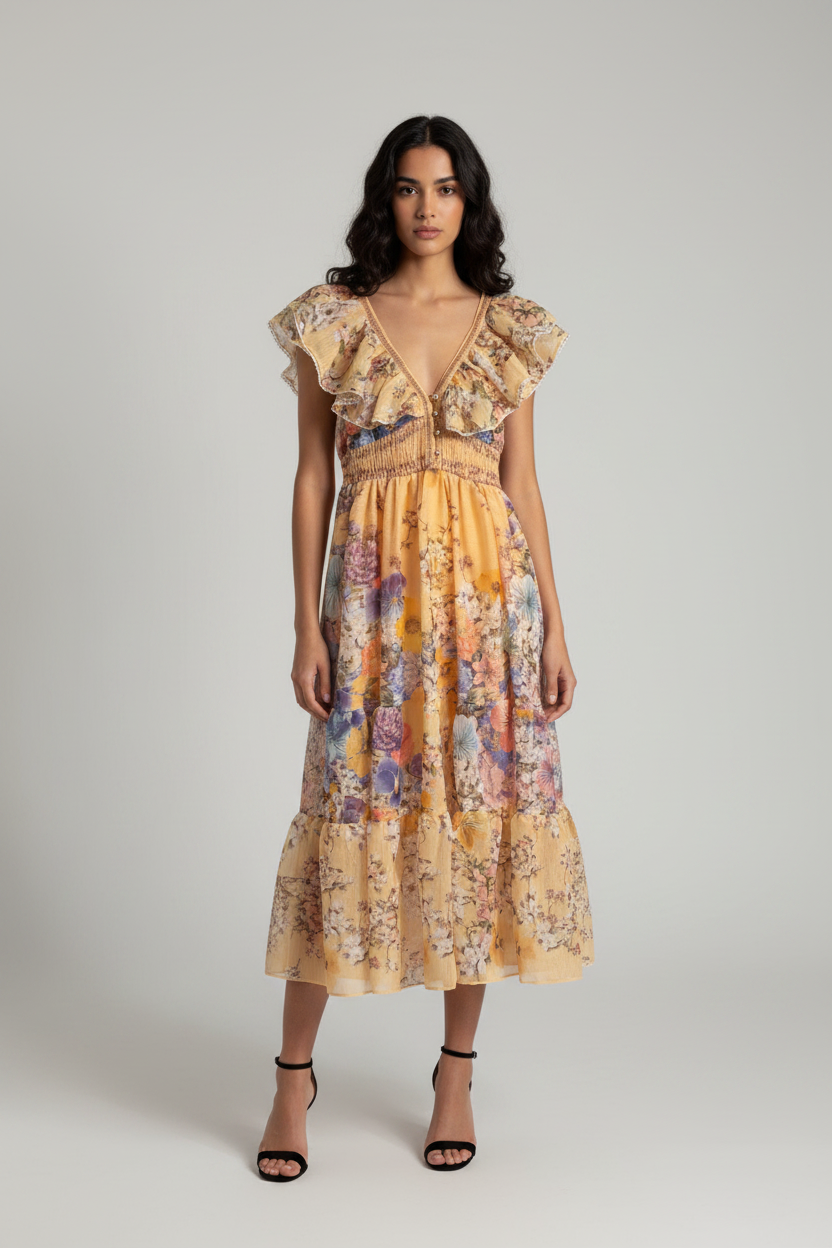 Female model wearing Floral Ruffle V-Neck Midi Dress in golden peach with colorful floral print on light gray studio background