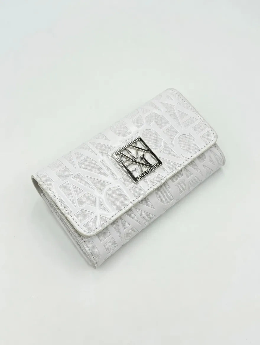 White wallet with a logo on a light gray background