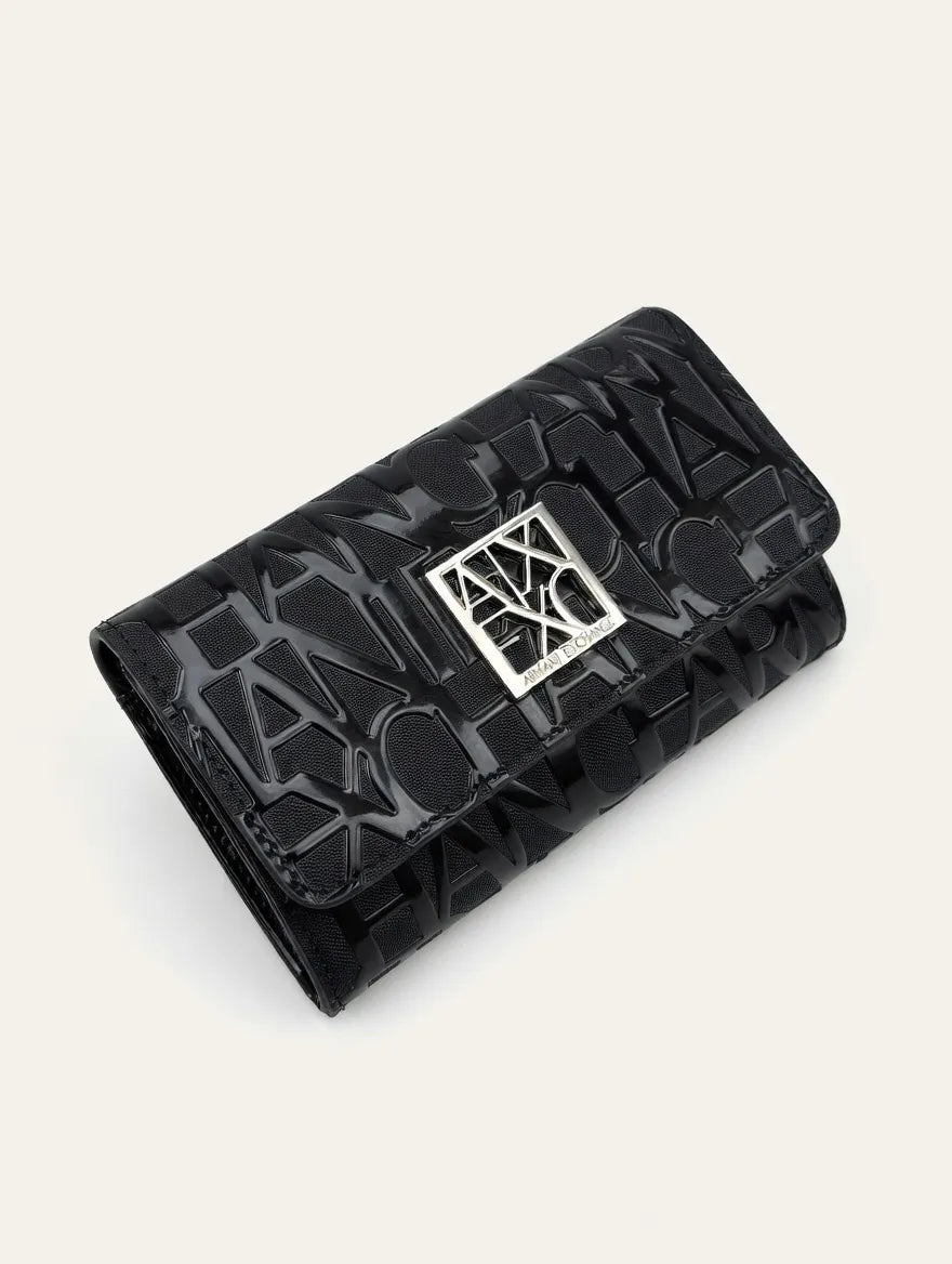 Black textured wallet with a brand logo on a white background