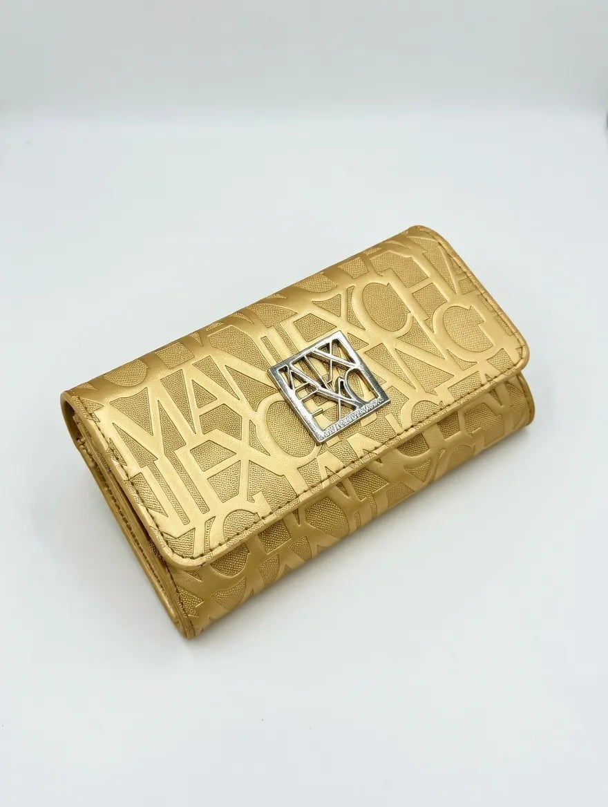 Gold wallet with a brand logo on a white background