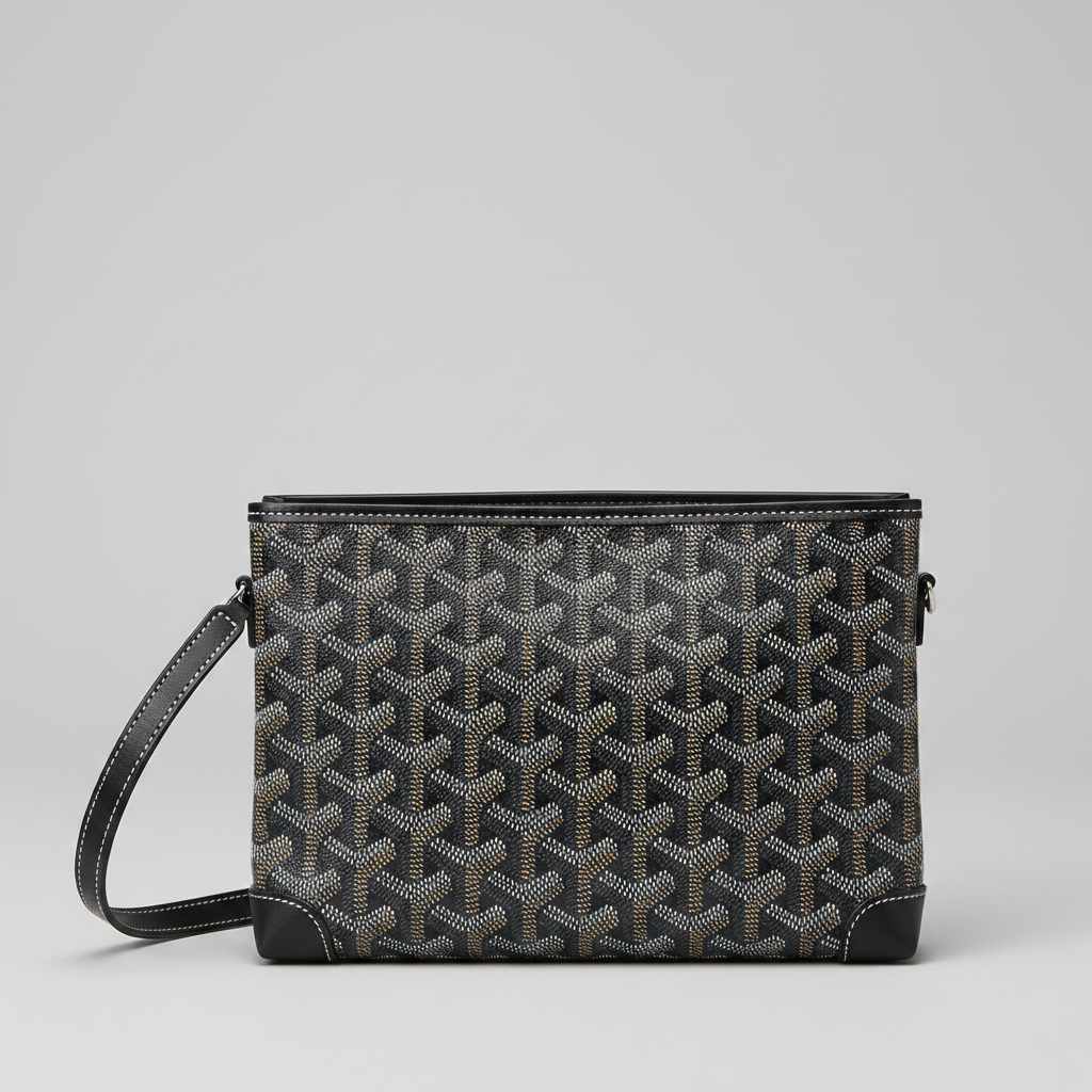 Goyard Senat Clutch Wristlet Bag in Black Monogram Canvas - Front Upright View with Wrist Strap - Light Gray Background