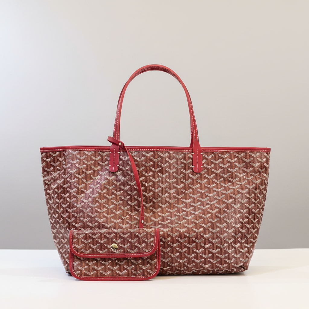 Goyard Saint Louis Tote Bag with Mini Pouch in Brown with Red Leather Trim - Light Gray Background - Front View