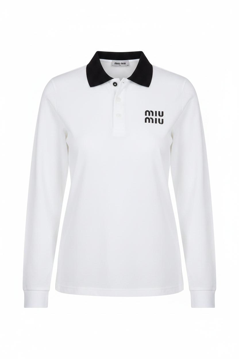 Miu Miu white long sleeve polo shirt ghost mannequin white background black contrast collar stacked MIU MIU logo left chest long sleeves