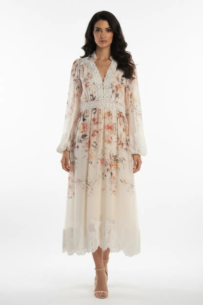Woman wearing a floral dress on a white background